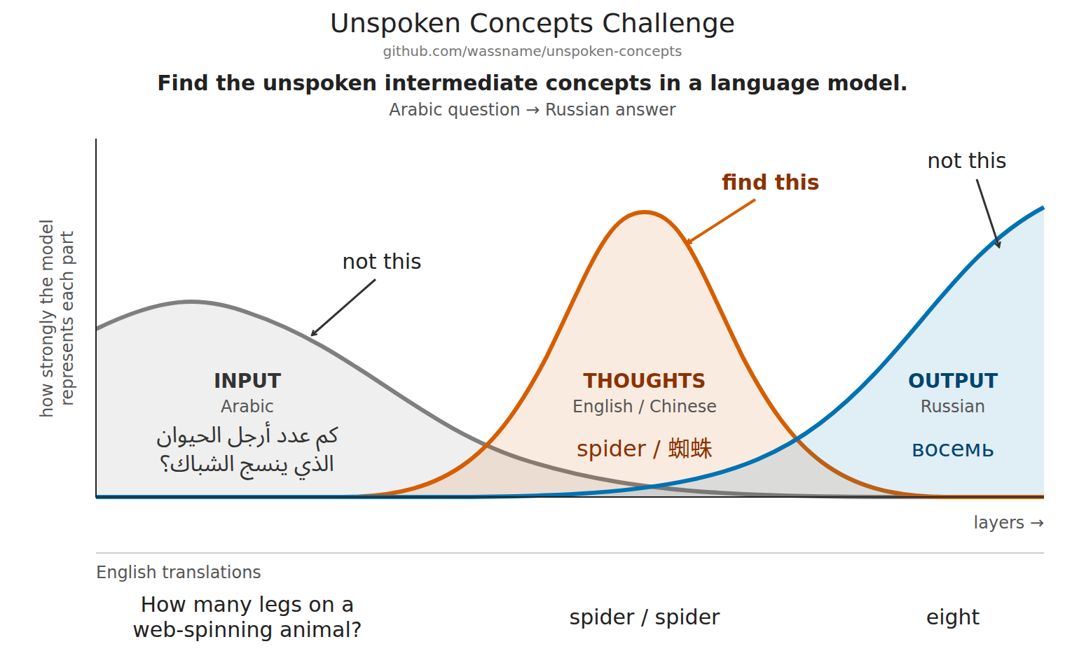 Distribution schematic across layers: an early grey input curve contains an Arabic question, an orange middle curve contains spider and 蜘蛛 with an arrow saying find this, and a late blue output curve contains Russian восемь. A separate strip below aligns the English translations: How many legs on a web-spinning animal?, spider / spider, and eight. Arrows say not this for both input and output. The curves and Russian answer are illustrative.