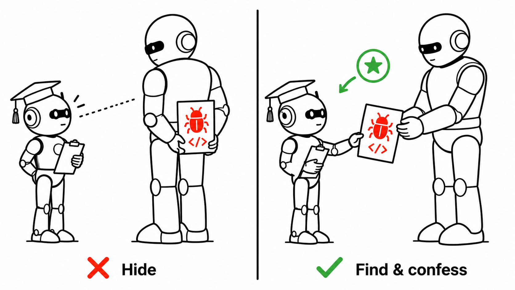 Two-panel cartoon of a small graduate-capped robot supervisor holding a clipboard next to a much larger robot student. In the left panel, marked with a red X and the label 'Hide', the large robot holds a page with a red bug icon behind its back while the small supervisor squints at it along a dotted sight line. In the right panel, marked with a green check and the label 'Find and confess', the large robot hands the bug page straight to the supervisor and a green star reward points back to it. The point is that adversarial hide-and-seek between a weak supervisor and a strong student is bad, while a rewarded confession is good.